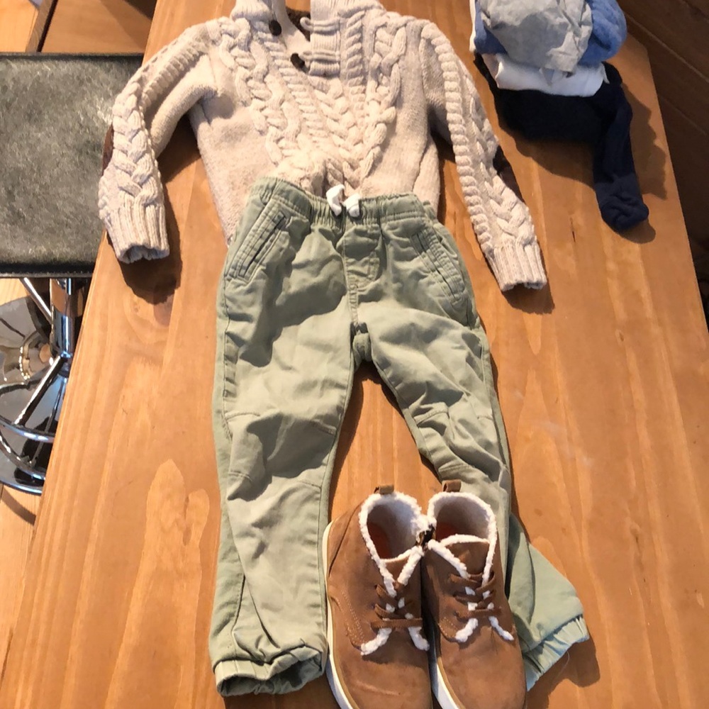 Sweater and olive green pants